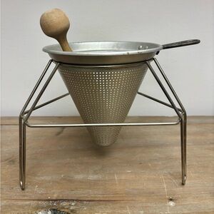 Vintage Cone Sieve Pestle and Stand aluminum metal Juicer strainer Canning Farm